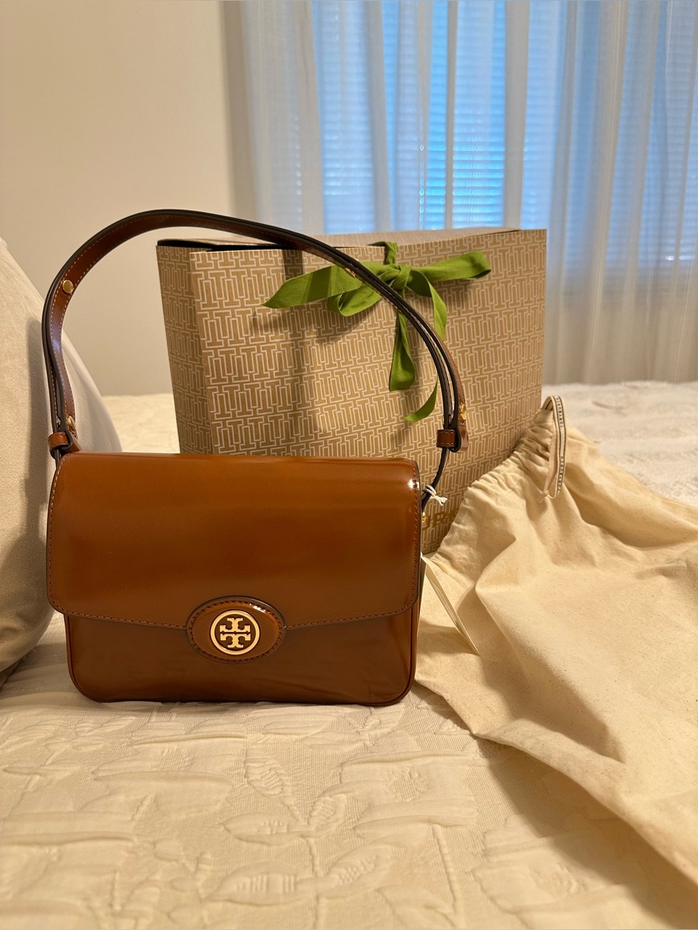 New Tory Burch Cognac Robinson Spazzolato bag
